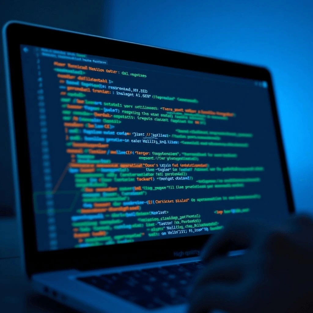 Visualización del código de un sitio web siendo optimizado con herramientas digitales. Se muestran líneas de código resaltadas con anotaciones SEO, enfatizando el proceso meticuloso de optimización on-page y off-page. Paleta de colores moderna combinando azules, verdes y naranjas. Iluminación precisa y enfocada.